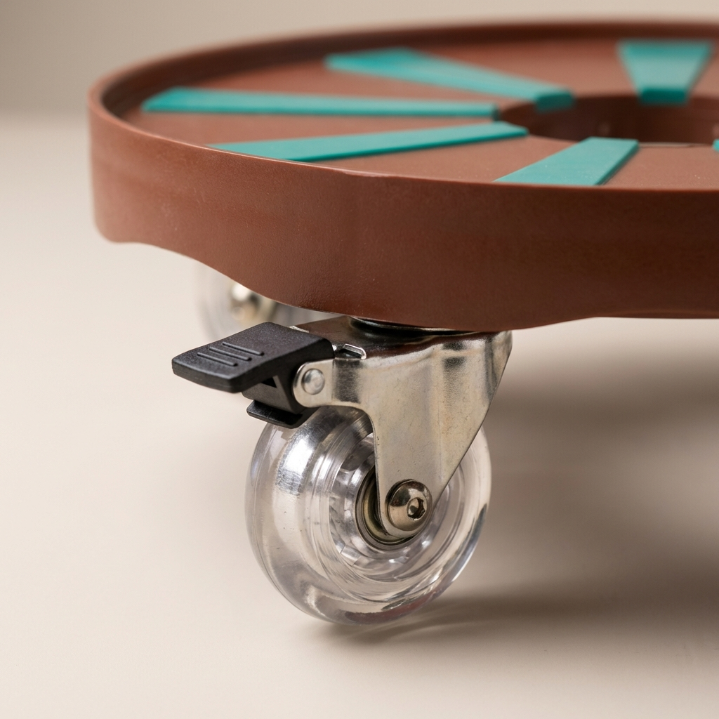 Close-up of RollyGreens Plant Dolly smooth-rolling 360-degree swivel caster wheel with locking brake