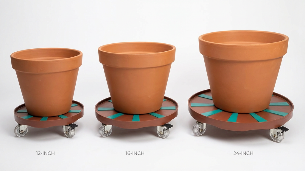 RollyGreens Plant Dolly size comparison - 12 inch, 16 inch, and 24 inch diameters with terracotta pots