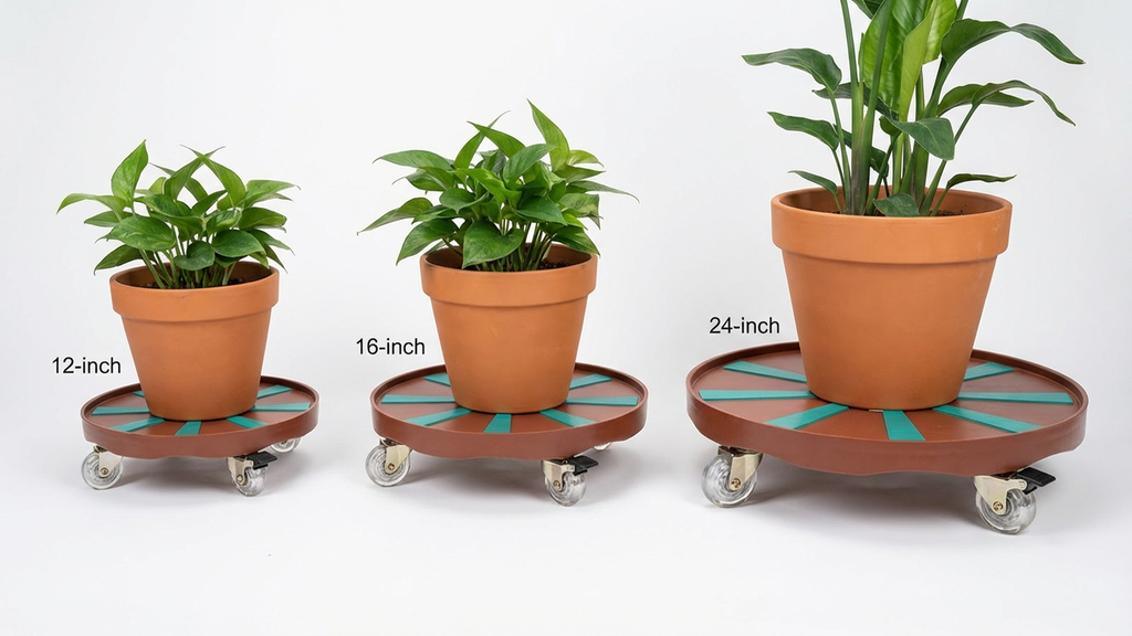 Three RollyGreens Plant Dollies in 12, 16, and 24 inch sizes with potted plants showing scale