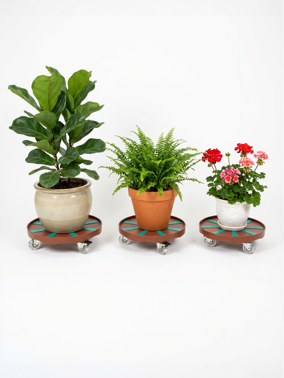 Three potted plants on RollyGreens rolling plant dollies - easy indoor plant mobility with smooth-glide casters